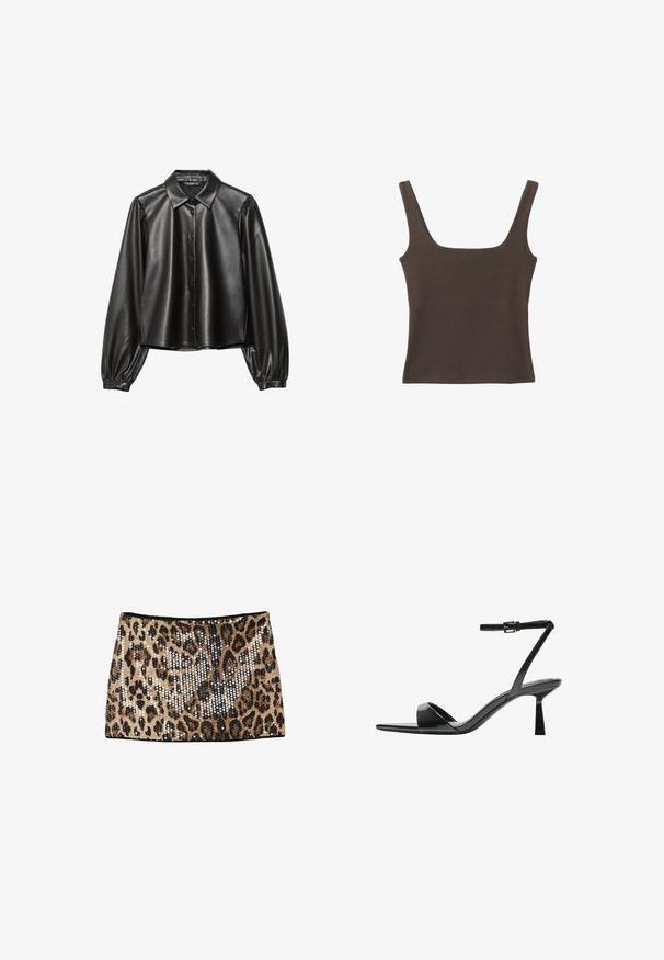 Schwarzes Kunstlederhemd mit Knopfleiste, spitzem Kragen und puffärmeln. Glatte Textur, verkürzter Schnitt und minimalistischer Stil.; Braunes ärmelloses Oberteil mit quadratischem Ausschnitt, aus weichem, dehnbarem Stoff gefertigt. Verfügt über ein figurbetontes Design und flache Nähte.; Minirock im Leopardenmuster mit goldenen und schwarzen Pailletten, tailliertem Design und schwarzem Bund.; Bershka High Heel Sandalette - black