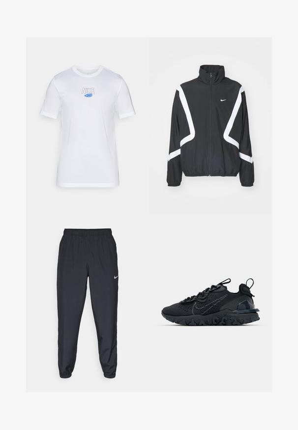 Czarna kurtka przeciwwiatrowa z białymi ukośnymi paskami, wysoki kołnierz, zamek z przodu, elastyczne mankiety i pas; posiada małe logo na klatce piersiowej.; Nike Performance - Koszulka sportowa; Czarne spodnie dresowe wykonane z lekkiego materiału, z elastycznym paskiem w talii, ściągaczami na kostkach oraz dyskretnym logo Nike po lewej stronie.; Czarne sportowe buty z przewiewną siateczką na cholewce, teksturowanymi akcentami i falistą gumową podeszwą. Zawierają odblaskowe logo oraz system sznurowania.