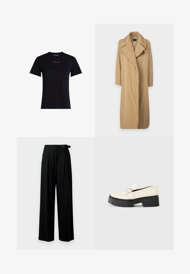 Garšs beidžā krāsas mētis ar plašu apkakli un atvērtu priekšu. Izgatavots no gluda, viegla auduma ar brīvu piegriezumu un bez redzamām aizdaram.; Melna kokvilnas T-kreklu ar apaļu kakla izgriezumu, īsām piedurknēm un izkaisītiem rhinestone akcentiem priekšā, ar centrālo logo detaļu.; Melni plaši bikses ar augsto jostasvītru, priekšā ar krokojiem un jostu ar sprādzi. Izgatavotas no gludas, vieglas auduma.; Baltā ādas loafera ar masīvu melnu platformu, ar taisnstūra sudraba sprādzi un redzamām šuvām augšējā daļā.