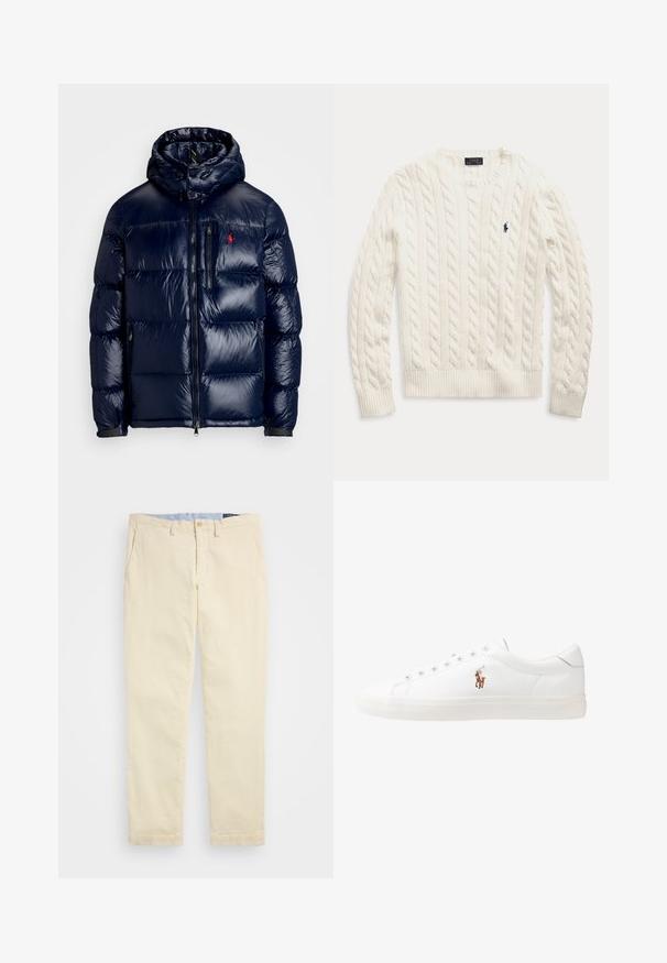 Chaqueta acolchada azul marino con un acabado brillante, que presenta una capucha, cierre frontal con cremallera y un pequeño logo en el lado izquierdo del pecho. Diseño acolchado texturizado.; Suéter blanco de punto trenzado de manga larga con puños y dobladillo de canalé, que presenta un pequeño logotipo bordado en navy de Polo Ralph Lauren en el pecho.; Polo Ralph Lauren STRETCH STRAIGHT FIT CORDUROY TROUSER - Pantalones - guide cream; Zapatillas de cuero blancas, diseño de corte bajo, con una textura suave, puntera redonda, cordones en la parte delantera y un pequeño logo bordado en el lateral.