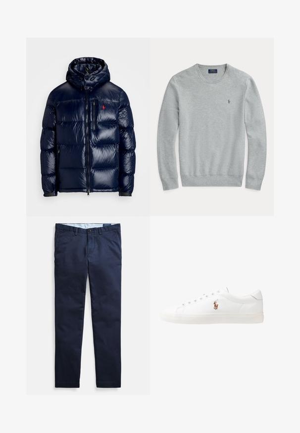 Granatowa kurtka puchowa o błyszczącym wykończeniu, z kapturem, zamkiem błyskawicznym z przodu oraz małym logo na lewej piersi. Teksturowany pikowany wzór.; Jasnoszary długi sweter dzianinowy z okrągłym dekoltem, prążkowanymi mankietami i dołem oraz małym haftowanym logiem Polo Ralph Lauren na klatce piersiowej.; Granatowe chinosy wykonane z mieszanki bawełny, z płaskim przodem, prostą nogawką i pojedynczym zapięciem na guzik w pasie.; Białe skórzane sneakersy, niskoprofilowy design, charakteryzujące się gładką fakturą, okrągłym noskiem, sznurowanym przodem i małym haftowanym logo z boku.