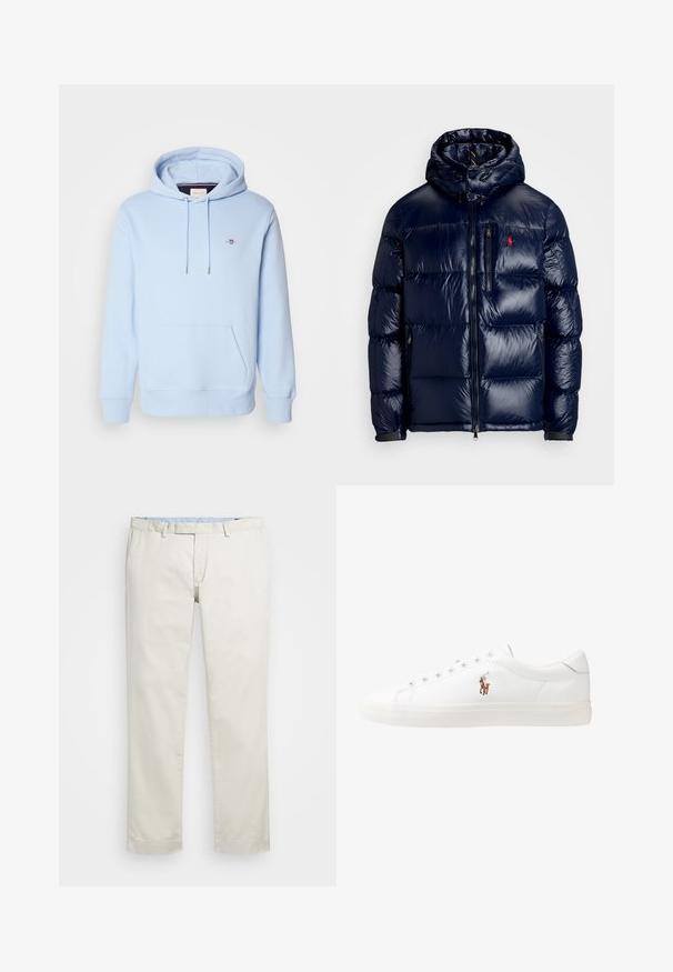 Námorně modrá péřová bunda s lesklým povrchem, s kapucí, zipovým zapínáním a malým logem na levé hrudi. Texturovaný prošívaný design.; Světle modrá mikina z měkké bavlny, s přední kapsou typu klokan, šňůrkovou kapucí a malým vyšitým logem na hrudi.; Béžové bavlněné chinos kalhoty s plochým předním dílem, poutky na opasek a bočními kapsami. Rovný střih s hladkou texturou a lehkým, prodyšným pocitem.; Bílé kožené tenisky, nízký střih, s hladkým povrchem, kulatou špičkou, šněrováním v přední části a malým vyšitým logem na boku.