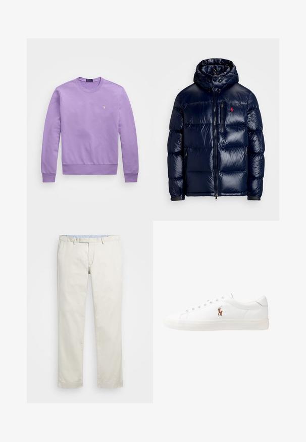 Casaco puffer azul-marinho com um acabamento brilhante, apresentando um capuz, fecho frontal com zíper e um pequeno logotipo no lado esquerdo do peito. Design acolchoado texturizado.; Sweatshirt roxo com punhos e barra canelados, apresentando um pequeno logótipo bordado no peito. Tecido macio e suave.; Chinos de algodão bege com frente plana, passantes para cinto e bolsos laterais. Design de perna reta com uma textura suave e uma sensação leve e respirável.; Sapatilhas de couro brancas, design de cano baixo, com textura suave, biqueira redonda, atacadores à frente e um pequeno logótipo bordado na lateral.