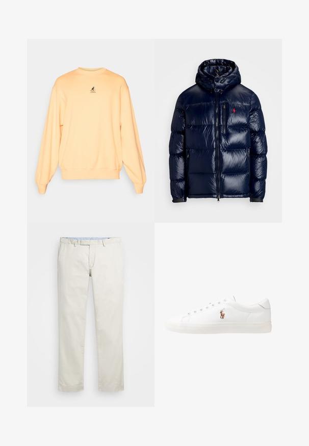 Tamsiai mėlynas pūkinis švarkas su blizgiu paviršiumi, turintis gobtuvą, užtrauktuką priekyje ir mažą logotipą ant kairės krūtinės. Raštuota siuvinėta konstrukcija.; Šviesiai oranžinė sportinė palaidinė, pagaminta iš medvilnės mišinio, su apvaliu kaklu, raukinėtomis rankovėmis ir apačia, turi mažą juodą logotipą krūtinėje, laisvas fasonas, minkšta tekstūra.; Šviesiai rudi medvilniniai chinos tipo kelnės su plokščiu priekiniu dizainu, diržo kilpomis ir šoninėmis kišenėmis. Tiesaus kirpimo dizainas su lygiu paviršiumi ir lengvu, kvėpuojančiu jausmu.; Baltos odinės sportbačiai, žemo profilio, su lygia tekstūra, apvalia nosimi, raištelių sistema priekyje ir mažyte siuvinėta logo šone.