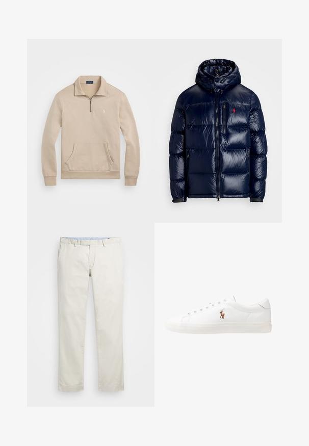 Casaco puffer azul-marinho com um acabamento brilhante, apresentando um capuz, fecho frontal com zíper e um pequeno logotipo no lado esquerdo do peito. Design acolchoado texturizado.; Sweatshirt bege com gola de fecho de correr de um quarto, punhos canelados, bolso frontal e um pequeno logótipo no peito. Material macio, semelhante a tecido polar.; Chinos de algodão bege com frente plana, passantes para cinto e bolsos laterais. Design de perna reta com uma textura suave e uma sensação leve e respirável.; Sapatilhas de couro brancas, design de cano baixo, com textura suave, biqueira redonda, atacadores à frente e um pequeno logótipo bordado na lateral.