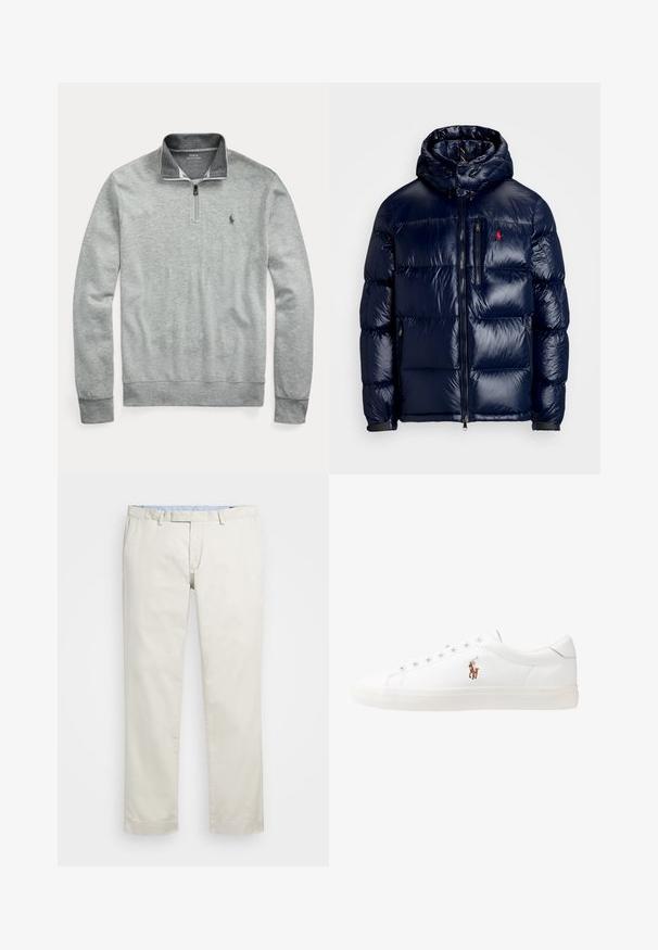 Veste matelassée bleu marine avec une finition brillante, dotée d'une capuche, d'une fermeture éclair à l'avant et d'un petit logo sur la poitrine gauche. Design matelassé texturé.; Sweatshirt gris à col zippé, fabriqué en tissu doux. Il présente un petit logo brodé sur la poitrine gauche et des poignets côtes.; Chino en coton beige avec une taille plate, des passants de ceinture et des poches latérales. Coupe droite avec une texture lisse et une sensation légère et respirante.; Baskets en cuir blanc, design bas, avec une texture lisse, bout rond, lacets à l'avant et un petit logo brodé sur le côté.