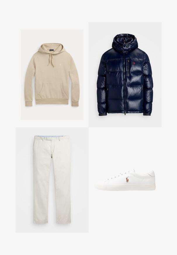 Tumši zils pūkainais jaka ar spīdīgu apdari, ar kapuci, ar rāvējslēdzēja priekšpusi un mazu logo kreisajā krūtī. Tekstūrēta izšūšanas dizains.; Bēša krāsas džemperis ar kapuci, izgatavots no mīksta auduma, ar priekšējo kenguru kabatu, kapuces aukliņu un nelielu izšūtu logo krūšu daļā.; Bežīgas kokvilnas chinos bikses ar gludu priekšpusi, jostas cilpām un sānu kabatām. Taisnas kājas dizains ar gludu tekstūru un vieglu, elpojošu sajūtu.; Baltas ādas sporta apavi, zema dizaina, ar gludu tekstūru, noapaļotu purngalu, ar auklēm priekšpusē un nelielu izšūtu logotipu sānos.