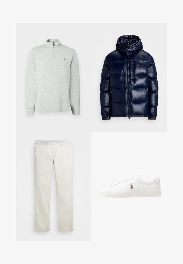 Temno modra puhovka s sijočo površino, opremljena s kapuco, z zadrgo spredaj in majhnim logotipom na levem prsnem delu. Ima strukturirano prešito zasnovo.; Sivi pulover z visokim ovratnikom, spredaj z zadrgo do pola in majhnim logotipom na levi strani prsnega koša. Mehka tkanina z gladko teksturo.; Bežna bombažna chinosa z ravnim sprednjim delom, zankami za pas in stranskimi žepi. Dizajn z ravnimi nogavicami z gladko teksturo in lahkotnim, zračnim občutkom.; Bela usnjena teniski čevlji, nizki model, z gladko teksturo, okrogle konice, vezavi spredaj ter majhnim vezenim logotipom na strani.