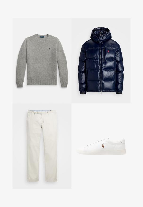Mörkblå puffjacka med en skinande yta, utrustad med huva, dragkedja fram och en liten logotyp på vänster bröst. Texturerad kviltad design.; Grå stickad tröja med långa ärmar, ribbade muddar och nederkant, med en liten broderad logotyp på vänster bröst. Klassisk rundhalsdesign.; Beige bomullskinos med rak framdel, bältesöglor och sidofickor. Rakt ben med en slät textur och en lätt, andningsbar känsla.; Vita lädersneakers, låg design, med en slät yta, rund tå, snörning fram och en liten broderad logotyp på sidan.