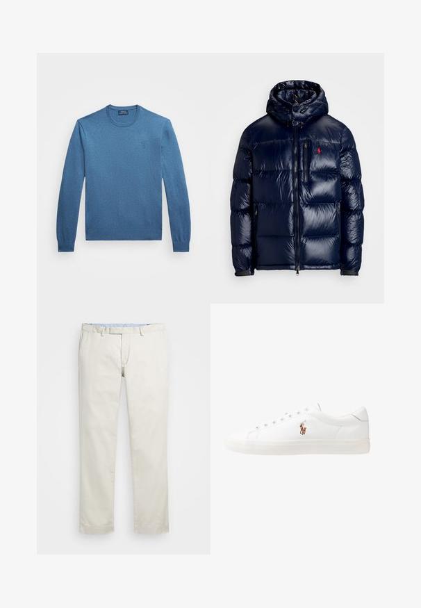 Tamsiai mėlynas pūkinis švarkas su blizgiu paviršiumi, turintis gobtuvą, užtrauktuką priekyje ir mažą logotipą ant kairės krūtinės. Raštuota siuvinėta konstrukcija.; Mėlynas apvalios kaklo megztinis, pagamintas iš tekstūruoto trikotažo, su ilgomis rankovėmis ir banguotu apdailos kraštu, ant krūtinės yra mažas logotipas.; Šviesiai rudi medvilniniai chinos tipo kelnės su plokščiu priekiniu dizainu, diržo kilpomis ir šoninėmis kišenėmis. Tiesaus kirpimo dizainas su lygiu paviršiumi ir lengvu, kvėpuojančiu jausmu.; Baltos odinės sportbačiai, žemo profilio, su lygia tekstūra, apvalia nosimi, raištelių sistema priekyje ir mažyte siuvinėta logo šone.