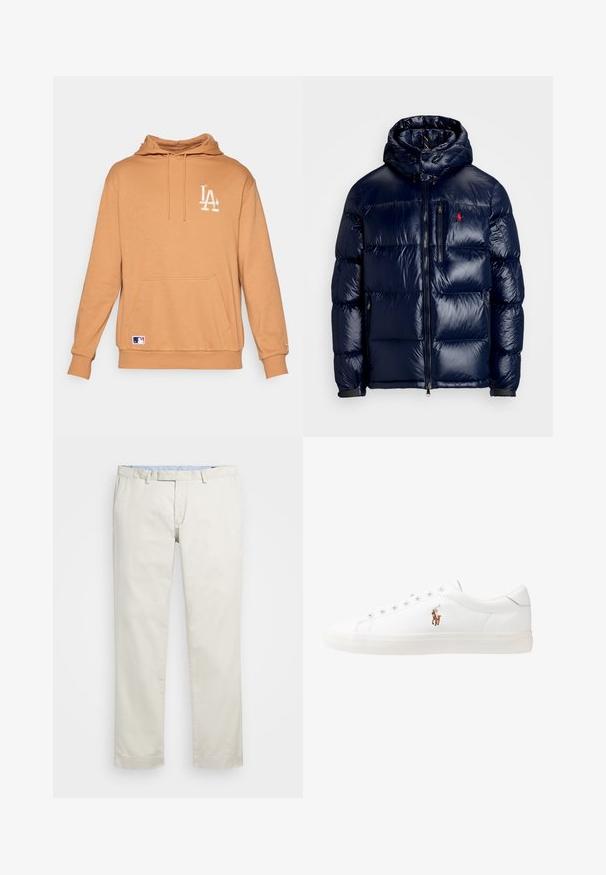 Giacca puffer blu navy con finitura lucida, dotata di cappuccio, chiusura frontale con zip e un piccolo logo sul lato sinistro del petto. Design trapuntato testurizzato.; Pullover in tessuto color beige, dotato di una tasca frontale, cappuccio con cordoncino e logo LA ricamato in bianco. Patch del logo MLB sull'orlo.; Chino in cotone beige con fronte piatto, passanti per la cintura e tasche laterali. Design a gamba dritta con una texture liscia e una sensazione leggera e traspirante.; Sneakers in pelle bianca, design low-top, caratterizzati da una texture liscia, punta rotonda, chiusura con lacci e un piccolo logo ricamato sul lato.