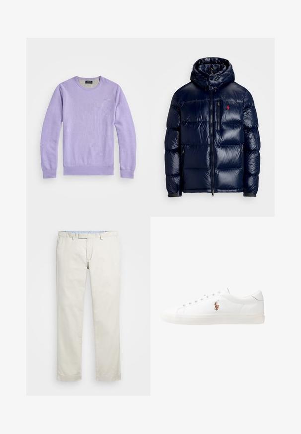 Navy blue puffer jacket with a shiny finish, featuring a hood, zippered front, and a small logo on the left chest. Textured quilted design.; Lilac knit sweater with a classic crew neckline, ribbed cuffs, and hem. Features a small logo on the chest and a textured weave.; Beige cotton chinos with a flat front, belt loops, and side pockets. Straight-leg design with a smooth texture and a light, breathable feel.; White leather sneakers, low-top design, featuring a smooth texture, round toe, laced front, and a small embroidered logo on the side.