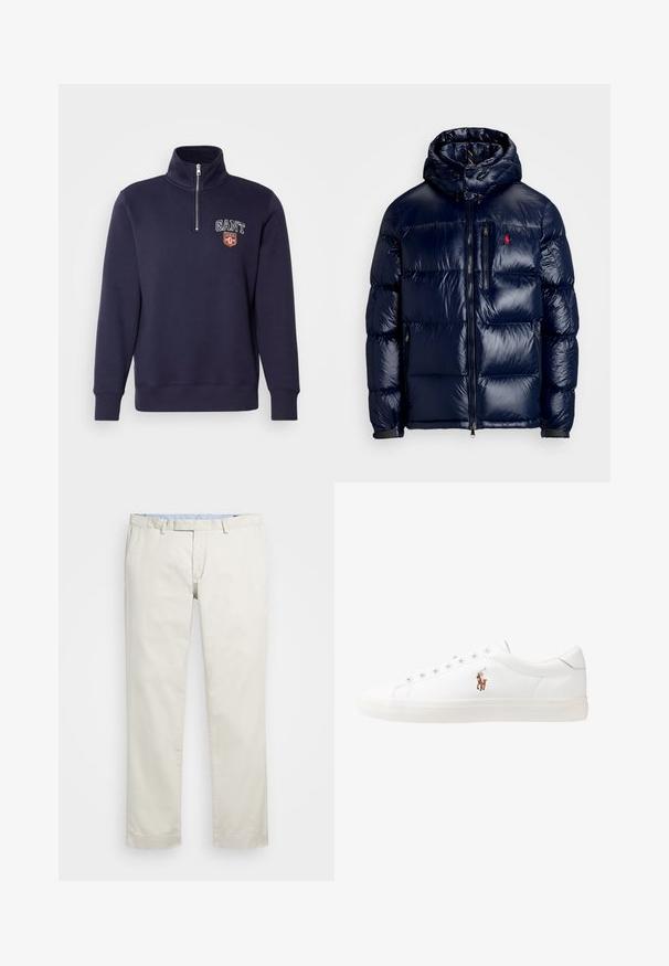 Námorně modrá péřová bunda s lesklým povrchem, s kapucí, zipovým zapínáním a malým logem na levé hrudi. Texturovaný prošívaný design.; Námořnický modrý svetr s vysokým límcem, zipem vpředu a žebrovanými manžetami. Na hrudi je logo "GANT" a emblém ve tvaru štítu.; Béžové bavlněné chinos kalhoty s plochým předním dílem, poutky na opasek a bočními kapsami. Rovný střih s hladkou texturou a lehkým, prodyšným pocitem.; Bílé kožené tenisky, nízký střih, s hladkým povrchem, kulatou špičkou, šněrováním v přední části a malým vyšitým logem na boku.