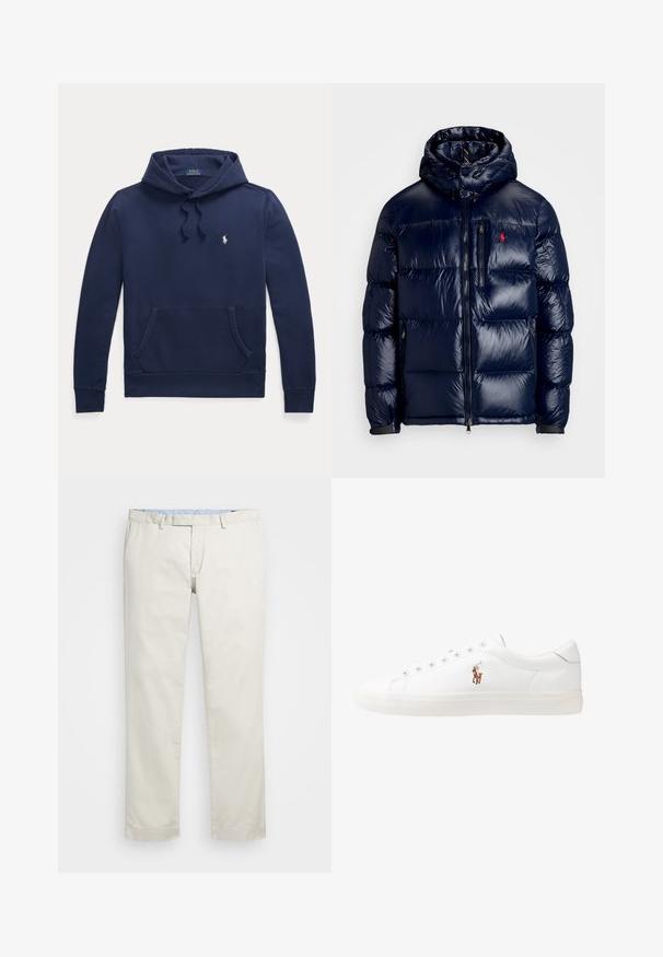 Casaco puffer azul-marinho com um acabamento brilhante, apresentando um capuz, fecho frontal com zíper e um pequeno logotipo no lado esquerdo do peito. Design acolchoado texturizado.; Sweatshirt azul marinho de mistura de algodão, com um bolso tipo canguru, capuz com cordão e pequeno logo branco no peito.; Chinos de algodão bege com frente plana, passantes para cinto e bolsos laterais. Design de perna reta com uma textura suave e uma sensação leve e respirável.; Sapatilhas de couro brancas, design de cano baixo, com textura suave, biqueira redonda, atacadores à frente e um pequeno logótipo bordado na lateral.
