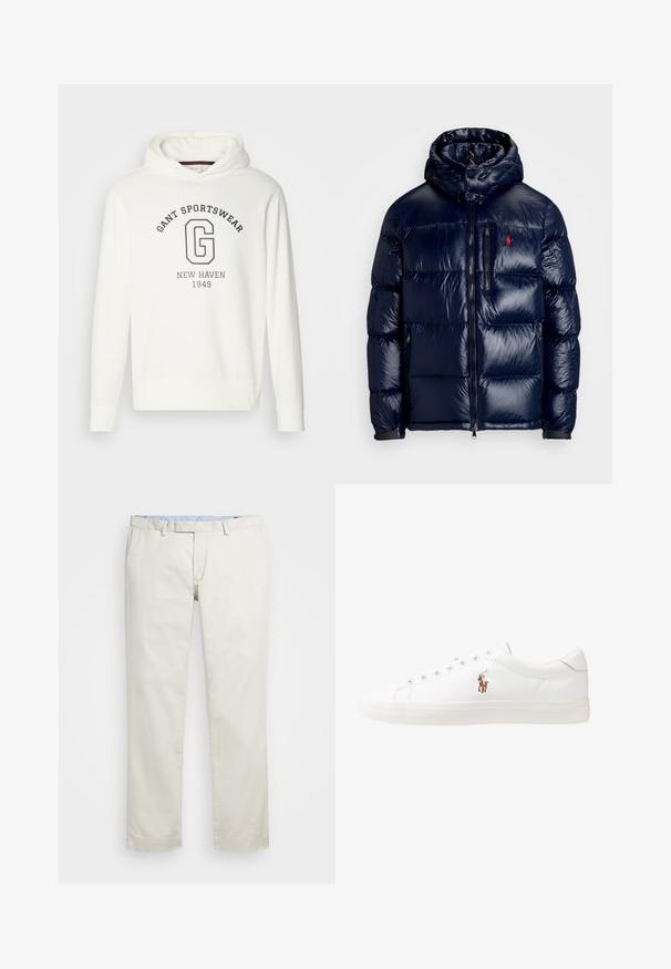 Tummansininen puhvitakki, jossa on kiiltävä pinta, hupullinen malli, vetoketjullinen etuosa ja pieni logo vasemmassa rinnassa. Teksturoitu quiltattu muotoilu.; Valkoinen huppari, jossa on "GANT SPORTSWEAR" -teksti ja suuri sininen "G" -logo, sekä ribbikudottu hihansuut ja helma. Tasainen kankaan pinta.; Beige puuvillachinohousut litteällä edessä, vyölenkeillä ja sivutaskuilla. Suora lahjamuoto, jossa on sileä pinta ja kevyt, hengittävä tunne.; Valkoiset nahkakengät, matala malli, jossa on sileä pinta, pyöreä kärki, nauhakiinnitys edessä ja pieni brodeerattu logo sivulla.