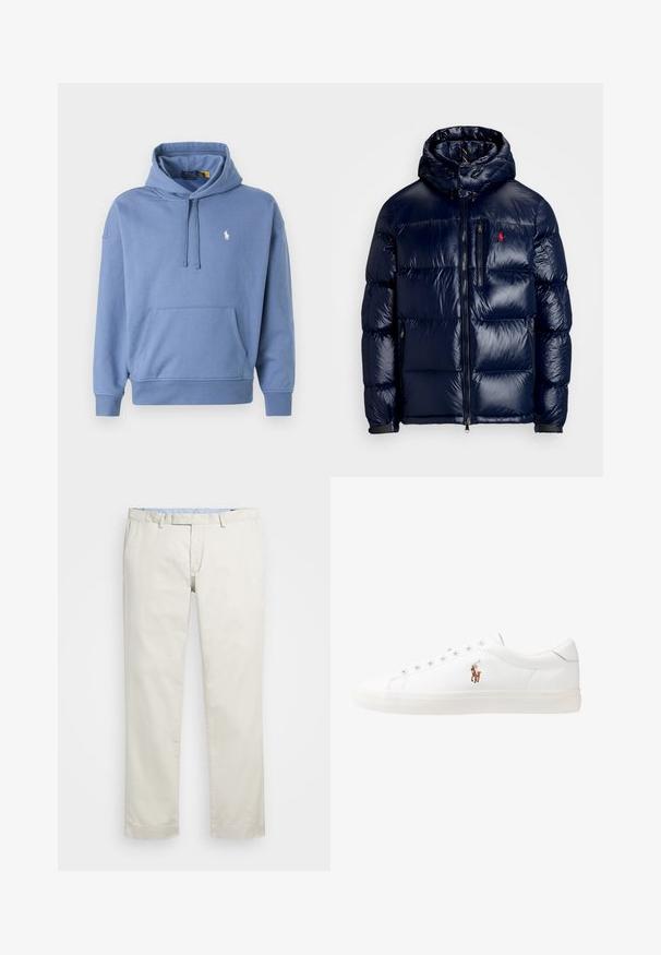 Casaco puffer azul-marinho com um acabamento brilhante, apresentando um capuz, fecho frontal com zíper e um pequeno logotipo no lado esquerdo do peito. Design acolchoado texturizado.; Sêni de algodão azul com cordão, bolso canguru e punhos canelados. Apresenta um pequeno logo branco no lado esquerdo do peito. Design simples.; Chinos de algodão bege com frente plana, passantes para cinto e bolsos laterais. Design de perna reta com uma textura suave e uma sensação leve e respirável.; Sapatilhas de couro brancas, design de cano baixo, com textura suave, biqueira redonda, atacadores à frente e um pequeno logótipo bordado na lateral.