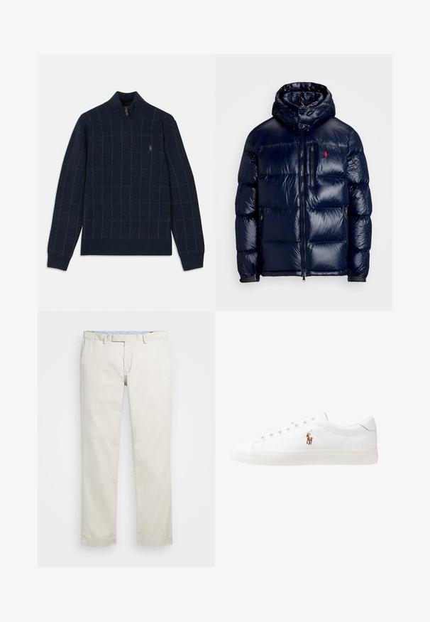 Tamsiai mėlynas pūkinis švarkas su blizgiu paviršiumi, turintis gobtuvą, užtrauktuką priekyje ir mažą logotipą ant kairės krūtinės. Raštuota siuvinėta konstrukcija.; Jūrų laivyno megztinis su užtrauktuku apykakle, pasižymintis šviesiai žalia ir ruda languota motyvu. Minkšta tekstūra, su sutrauktomis rankogaliais ir apatine dalimi, logotipo detalė ant krūtinės.; Šviesiai rudi medvilniniai chinos tipo kelnės su plokščiu priekiniu dizainu, diržo kilpomis ir šoninėmis kišenėmis. Tiesaus kirpimo dizainas su lygiu paviršiumi ir lengvu, kvėpuojančiu jausmu.; Baltos odinės sportbačiai, žemo profilio, su lygia tekstūra, apvalia nosimi, raištelių sistema priekyje ir mažyte siuvinėta logo šone.