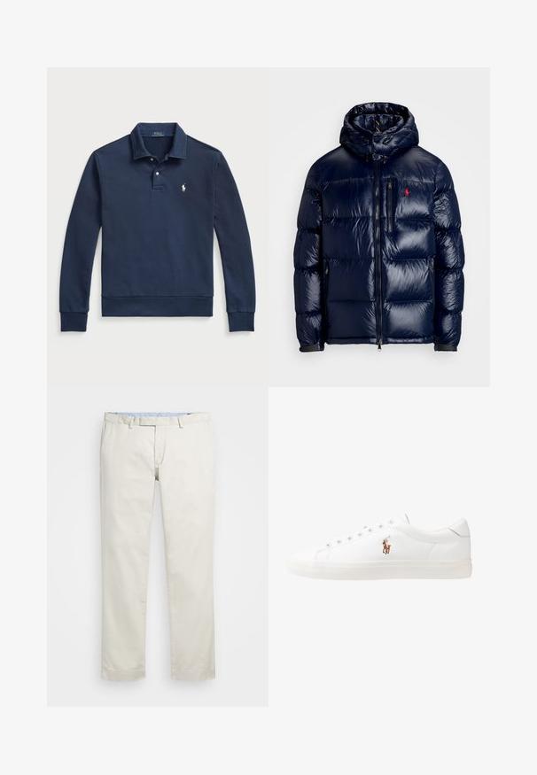 Granatowa kurtka puchowa o błyszczącym wykończeniu, z kapturem, zamkiem błyskawicznym z przodu oraz małym logo na lewej piersi. Teksturowany pikowany wzór.; Polo Ralph Lauren - Bluza; Beżowe bawełniane chinosy z płaskim przodem, szlufkami na pasek i bocznymi kieszeniami. Prosty krój z gładką fakturą i lekkim, przewiewnym uczuciem.; Białe skórzane sneakersy, niskoprofilowy design, charakteryzujące się gładką fakturą, okrągłym noskiem, sznurowanym przodem i małym haftowanym logo z boku.