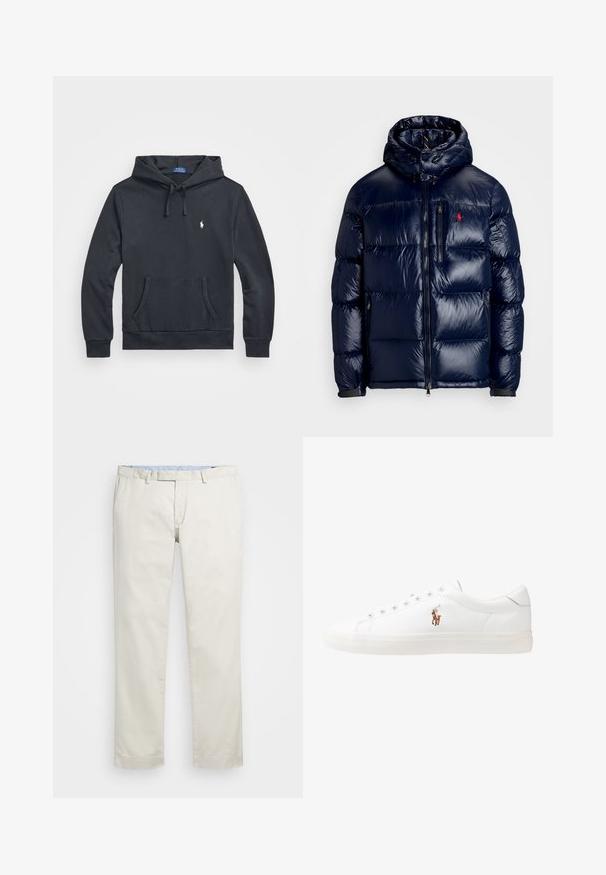Granatowa kurtka puchowa o błyszczącym wykończeniu, z kapturem, zamkiem błyskawicznym z przodu oraz małym logo na lewej piersi. Teksturowany pikowany wzór.; Granatowa bluza z kapturem, wykonana z miękkiego materiału, z przednią kieszenią, regulowanym kapturem oraz małym białym logo polo na klatce piersiowej.; Beżowe bawełniane chinosy z płaskim przodem, szlufkami na pasek i bocznymi kieszeniami. Prosty krój z gładką fakturą i lekkim, przewiewnym uczuciem.; Białe skórzane sneakersy, niskoprofilowy design, charakteryzujące się gładką fakturą, okrągłym noskiem, sznurowanym przodem i małym haftowanym logo z boku.