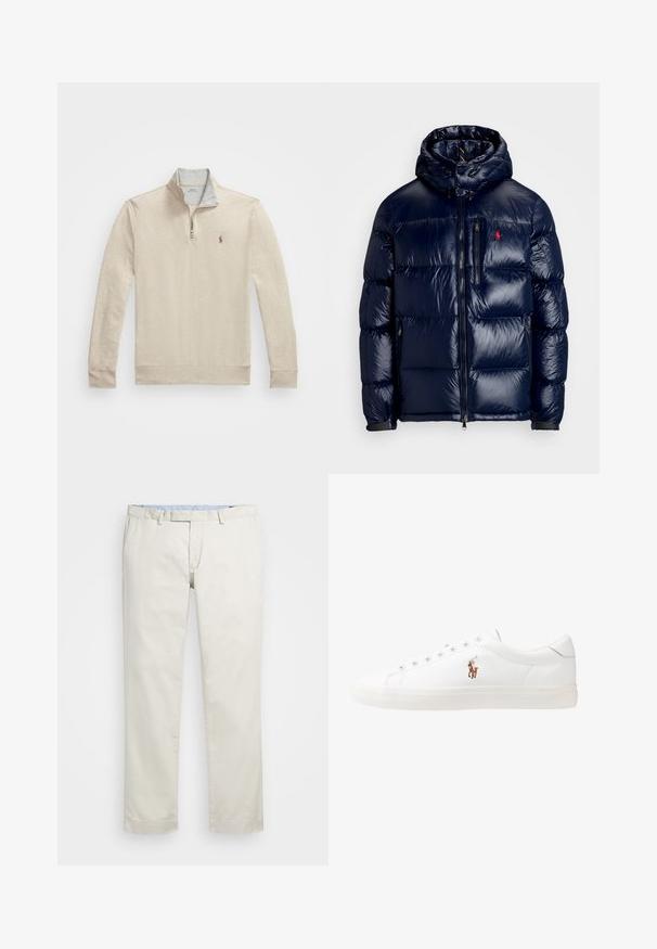 Temno modra puhovka s sijočo površino, opremljena s kapuco, z zadrgo spredaj in majhnim logotipom na levem prsnem delu. Ima strukturirano prešito zasnovo.; Bežna bombažna pulover s čipko na vratu, dolgimi rokavi in vezenim logotipom na prsih. Mehka tekstura in sproščen kroj.; Bežna bombažna chinosa z ravnim sprednjim delom, zankami za pas in stranskimi žepi. Dizajn z ravnimi nogavicami z gladko teksturo in lahkotnim, zračnim občutkom.; Bela usnjena teniski čevlji, nizki model, z gladko teksturo, okrogle konice, vezavi spredaj ter majhnim vezenim logotipom na strani.
