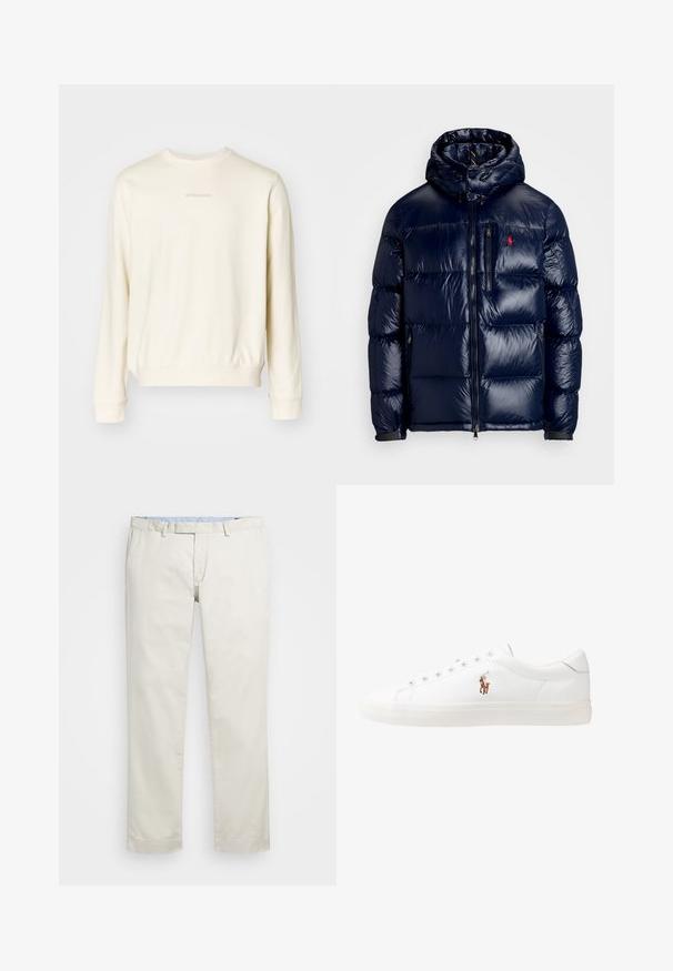 Giacca puffer blu navy con finitura lucida, dotata di cappuccio, chiusura frontale con zip e un piccolo logo sul lato sinistro del petto. Design trapuntato testurizzato.; Felpa color crema con maniche lunghe, scollatura rotonda, polsini e orlo a coste. Caratterizzata da un logo testuale minimale sul petto in una tonalità sobria.; Chino in cotone beige con fronte piatto, passanti per la cintura e tasche laterali. Design a gamba dritta con una texture liscia e una sensazione leggera e traspirante.; Sneakers in pelle bianca, design low-top, caratterizzati da una texture liscia, punta rotonda, chiusura con lacci e un piccolo logo ricamato sul lato.