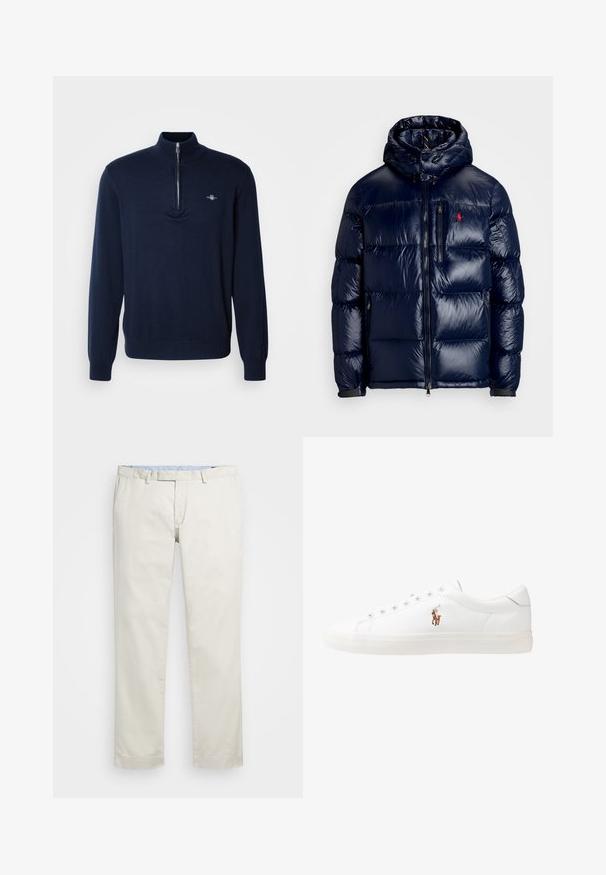 Navy blue puffer jacket with a shiny finish, featuring a hood, zippered front, and a small logo on the left chest. Textured quilted design.; Navy pullover sweater with a half-zip collar, soft knit texture, long sleeves, and a small logo on the left chest.; Beige cotton chinos with a flat front, belt loops, and side pockets. Straight-leg design with a smooth texture and a light, breathable feel.; White leather sneakers, low-top design, featuring a smooth texture, round toe, laced front, and a small embroidered logo on the side.