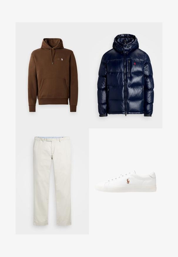 Casaco puffer azul-marinho com um acabamento brilhante, apresentando um capuz, fecho frontal com zíper e um pequeno logotipo no lado esquerdo do peito. Design acolchoado texturizado.; Hoodie castanho feito de tecido suave, apresenta um capuz com cordão, bolso canguru e um pequeno logotipo bordado no peito.; Chinos de algodão bege com frente plana, passantes para cinto e bolsos laterais. Design de perna reta com uma textura suave e uma sensação leve e respirável.; Sapatilhas de couro brancas, design de cano baixo, com textura suave, biqueira redonda, atacadores à frente e um pequeno logótipo bordado na lateral.