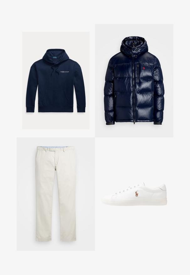 Ναυτικό μπλε φούτερ μπουφάν με γυαλιστερή επιφάνεια, διαθέτει κουκούλα, φερμουάρ μπροστά και μικρό λογότυπο στο αριστερό στήθος. Σατέν ραφή.; Μπλέ σκούρο φούτερ από μαλακό βαμβάκι, διαθέτει μπροστινή τσέπη, κουκούλα με κορδόνι και λευκό λογότυπο στο στήθος. Λείο υφή, χαλαρός σχεδιασμός.; Μπεζ βαμβακερές chinos με επίπεδο μπροστινό μέρος, θηλιές ζώνης και πλάγιες τσέπες. Σχεδίαση ίσιων ποδιών με μαλακή υφή και ελαφριά, αναπνεύσιμη αίσθηση.; Λευκά δερμάτινα sneakers, χαμηλού σχεδιασμού, με απαλή υφή, στρογγυλή μύτη, δέσιμο μπροστά και μικρό κεντημένο λογότυπο στο πλάι.