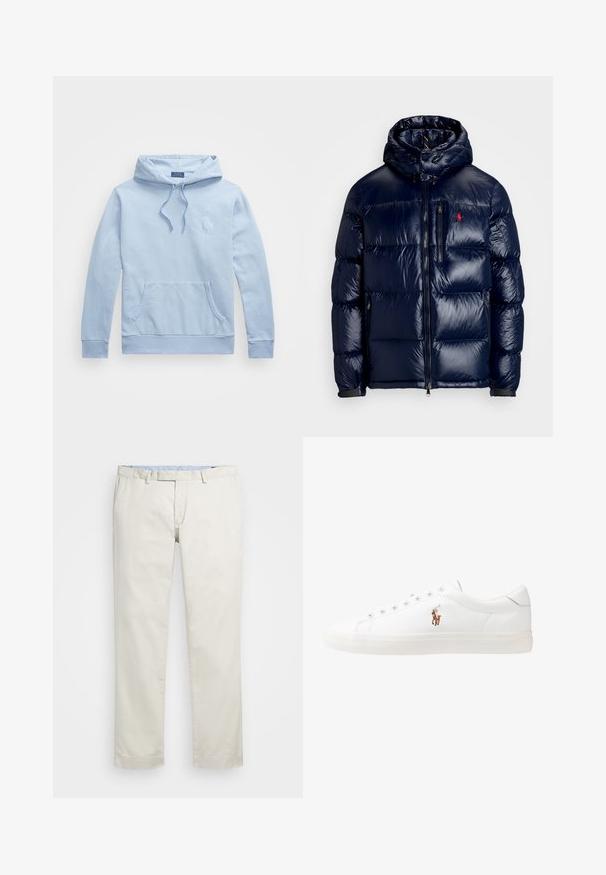 Giacca puffer blu navy con finitura lucida, dotata di cappuccio, chiusura frontale con zip e un piccolo logo sul lato sinistro del petto. Design trapuntato testurizzato.; Felpa leggera blu chiaro in morbido cotone. Presenta una tasca frontale, cappuccio con cordoncino e logo ricamato sul petto. Vestibilità classica.; Chino in cotone beige con fronte piatto, passanti per la cintura e tasche laterali. Design a gamba dritta con una texture liscia e una sensazione leggera e traspirante.; Sneakers in pelle bianca, design low-top, caratterizzati da una texture liscia, punta rotonda, chiusura con lacci e un piccolo logo ricamato sul lato.