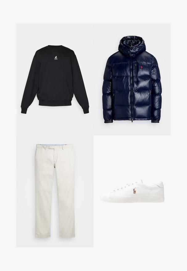 Casaco puffer azul-marinho com um acabamento brilhante, apresentando um capuz, fecho frontal com zíper e um pequeno logotipo no lado esquerdo do peito. Design acolchoado texturizado.; Sweatshirt preto em mistura de algodão, com decote redondo, mangas longas e um pequeno logótipo branco no peito. Punhos e barra canelados.; Chinos de algodão bege com frente plana, passantes para cinto e bolsos laterais. Design de perna reta com uma textura suave e uma sensação leve e respirável.; Sapatilhas de couro brancas, design de cano baixo, com textura suave, biqueira redonda, atacadores à frente e um pequeno logótipo bordado na lateral.