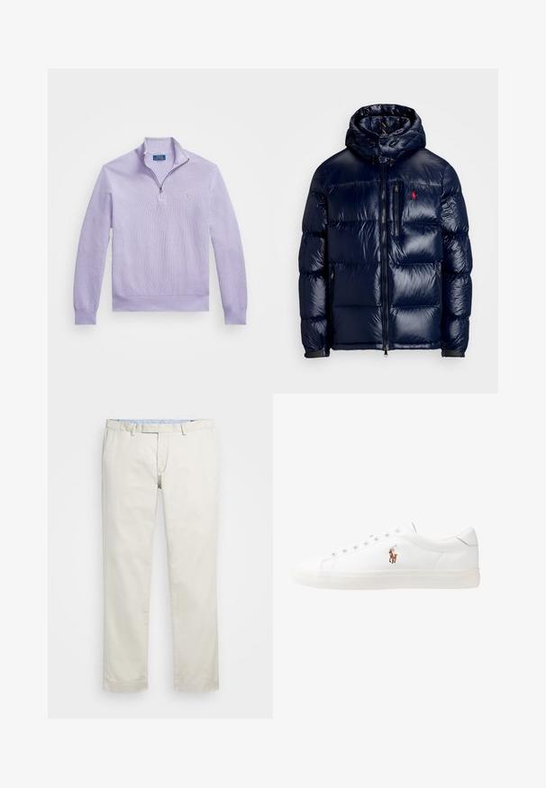 Tumši zils pūkainais jaka ar spīdīgu apdari, ar kapuci, ar rāvējslēdzēja priekšpusi un mazu logo kreisajā krūtī. Tekstūrēta izšūšanas dizains.; Polo Ralph Lauren LONG SLEEVE PULLOVER - Džemperis - sky lavender; Bežīgas kokvilnas chinos bikses ar gludu priekšpusi, jostas cilpām un sānu kabatām. Taisnas kājas dizains ar gludu tekstūru un vieglu, elpojošu sajūtu.; Baltas ādas sporta apavi, zema dizaina, ar gludu tekstūru, noapaļotu purngalu, ar auklēm priekšpusē un nelielu izšūtu logotipu sānos.
