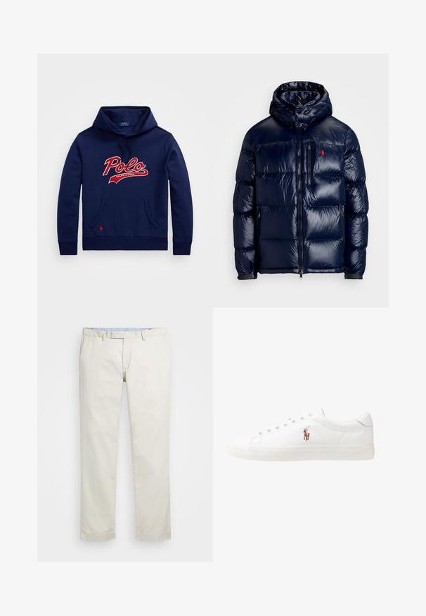 Tumši zils pūkainais jaka ar spīdīgu apdari, ar kapuci, ar rāvējslēdzēja priekšpusi un mazu logo kreisajā krūtī. Tekstūrēta izšūšanas dizains.; Jūras zilas krāsas kapuci priekšējo džemperi ar lielu sarkano "Polo" logotipu, priekšējo kabatu un mazu sarkanu poniju simbolu. Izgatavots no mīksta auduma.; Bežīgas kokvilnas chinos bikses ar gludu priekšpusi, jostas cilpām un sānu kabatām. Taisnas kājas dizains ar gludu tekstūru un vieglu, elpojošu sajūtu.; Baltas ādas sporta apavi, zema dizaina, ar gludu tekstūru, noapaļotu purngalu, ar auklēm priekšpusē un nelielu izšūtu logotipu sānos.
