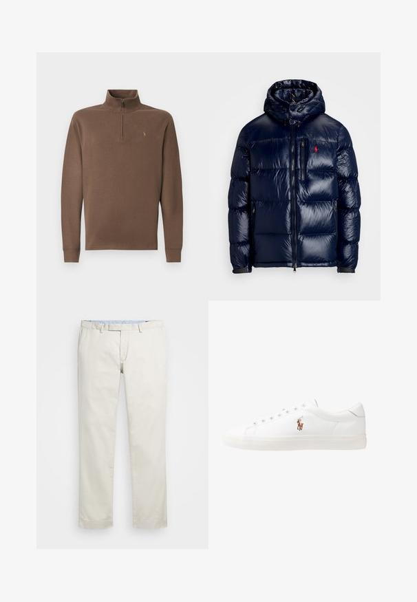 Chaqueta acolchada azul marino con un acabado brillante, que presenta una capucha, cierre frontal con cremallera y un pequeño logo en el lado izquierdo del pecho. Diseño acolchado texturizado.; Suéter marrón con cuello alto y cierre de cremallera, fabricado en un material suave. Cuenta con mangas largas y un pequeño logo en el pecho.; Chinos de algodón color beige con frente plano, presillas para cinturón y bolsillos laterales. Diseño de pierna recta con una textura suave y una sensación ligera y transpirable.; Zapatillas de cuero blancas, diseño de corte bajo, con una textura suave, puntera redonda, cordones en la parte delantera y un pequeño logo bordado en el lateral.