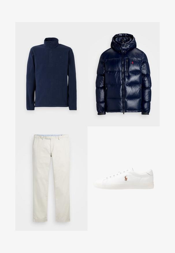 Casaco puffer azul-marinho com um acabamento brilhante, apresentando um capuz, fecho frontal com zíper e um pequeno logotipo no lado esquerdo do peito. Design acolchoado texturizado.; Pullover de fleece azul-marinho com gola alta, apresentando uma pala com botões e um pequeno logo no peito. Textura suave e mangas compridas.; Chinos de algodão bege com frente plana, passantes para cinto e bolsos laterais. Design de perna reta com uma textura suave e uma sensação leve e respirável.; Sapatilhas de couro brancas, design de cano baixo, com textura suave, biqueira redonda, atacadores à frente e um pequeno logótipo bordado na lateral.