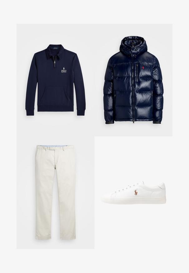 Námorně modrá péřová bunda s lesklým povrchem, s kapucí, zipovým zapínáním a malým logem na levé hrudi. Texturovaný prošívaný design.; Námořnický svetr na zip do čtvrtiny vyrobený z měkkého materiálu, s přední kapsou a vyšitým logem na levém prsu pro zvýraznění. ; Béžové bavlněné chinos kalhoty s plochým předním dílem, poutky na opasek a bočními kapsami. Rovný střih s hladkou texturou a lehkým, prodyšným pocitem.; Bílé kožené tenisky, nízký střih, s hladkým povrchem, kulatou špičkou, šněrováním v přední části a malým vyšitým logem na boku.