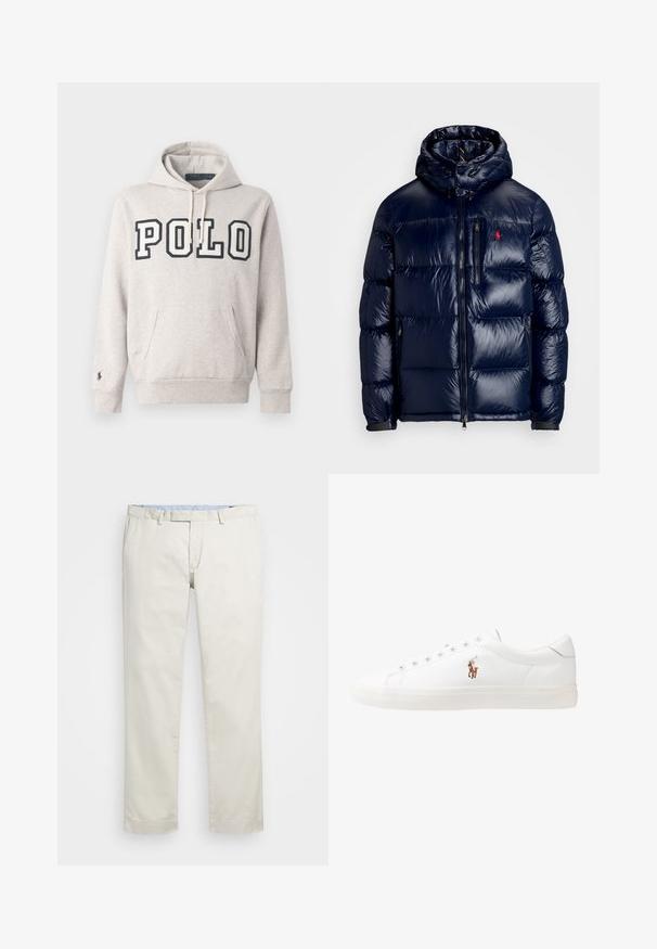 Casaco puffer azul-marinho com um acabamento brilhante, apresentando um capuz, fecho frontal com zíper e um pequeno logotipo no lado esquerdo do peito. Design acolchoado texturizado.; Sweatshirt cinza claro feito de mistura de algodão, com um bolso frontal, capuz com cordão e "POLO" em letras azul-escuro no peito.; Chinos de algodão bege com frente plana, passantes para cinto e bolsos laterais. Design de perna reta com uma textura suave e uma sensação leve e respirável.; Sapatilhas de couro brancas, design de cano baixo, com textura suave, biqueira redonda, atacadores à frente e um pequeno logótipo bordado na lateral.