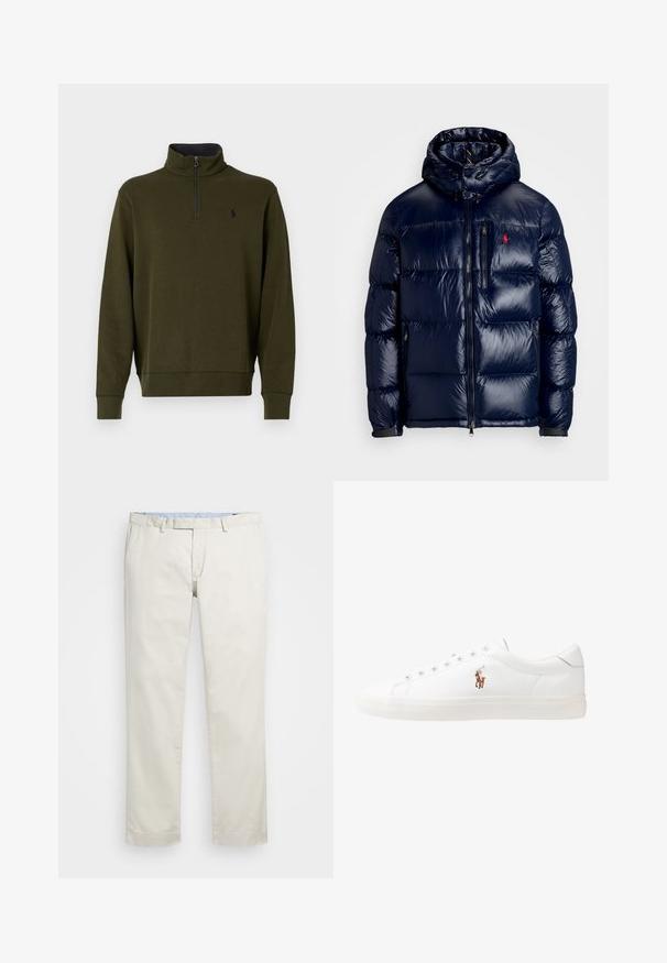 Casaco puffer azul-marinho com um acabamento brilhante, apresentando um capuz, fecho frontal com zíper e um pequeno logotipo no lado esquerdo do peito. Design acolchoado texturizado.; Sweatshirt pullover verde oliva com gola alta e zíper meio, apresentando um pequeno logo bordado no lado esquerdo do peito e punhos canelados.; Chinos de algodão bege com frente plana, passantes para cinto e bolsos laterais. Design de perna reta com uma textura suave e uma sensação leve e respirável.; Sapatilhas de couro brancas, design de cano baixo, com textura suave, biqueira redonda, atacadores à frente e um pequeno logótipo bordado na lateral.