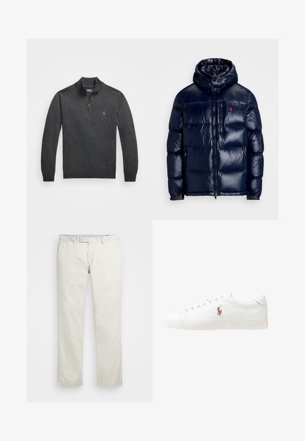 Temno modra puhovka s sijočo površino, opremljena s kapuco, z zadrgo spredaj in majhnim logotipom na levem prsnem delu. Ima strukturirano prešito zasnovo.; Temno siva zadrgo jakna, izdelana iz pletenega materiala. Ima visok ovratnik in majhen izvezen logotip na prsih. Gladka tekstura.; Bežna bombažna chinosa z ravnim sprednjim delom, zankami za pas in stranskimi žepi. Dizajn z ravnimi nogavicami z gladko teksturo in lahkotnim, zračnim občutkom.; Bela usnjena teniski čevlji, nizki model, z gladko teksturo, okrogle konice, vezavi spredaj ter majhnim vezenim logotipom na strani.