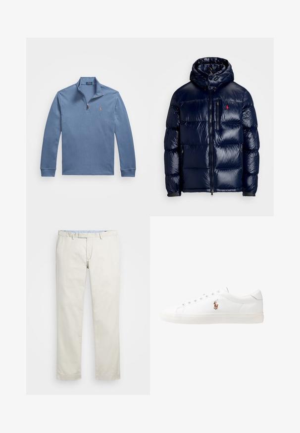 Casaco puffer azul-marinho com um acabamento brilhante, apresentando um capuz, fecho frontal com zíper e um pequeno logotipo no lado esquerdo do peito. Design acolchoado texturizado.; Pullover azul claro feito de algodão, com colarinho de meio zíper, mangas longas e um pequeno logótipo bordado no peito.; Chinos de algodão bege com frente plana, passantes para cinto e bolsos laterais. Design de perna reta com uma textura suave e uma sensação leve e respirável.; Sapatilhas de couro brancas, design de cano baixo, com textura suave, biqueira redonda, atacadores à frente e um pequeno logótipo bordado na lateral.