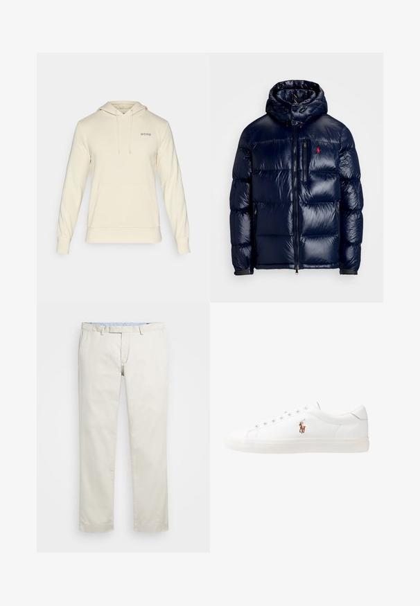Jachetă puffer de culoare albastru închis, cu un finisaj lucios, având o glugă, fermoar frontal și un logo mic pe partea stângă a pieptului. Design texturat matlasat.; Hanorac cremos cu glugă, dotat cu buzunar tip kangaroo, sireturi și un logo subtil "BORG" în colțul din stânga sus. Material moale, mâneci lungi.; Chino din bumbac bej cu față plată, bucle pentru curea și buzunare laterale. Design cu picioare drepte, textură netedă și o senzație ușoară și respirabilă.; Adidași din piele albă, design de tip low-top, cu o textură netedă, vârf rotund, față șiretată și un mic logo brodat pe lateral.
