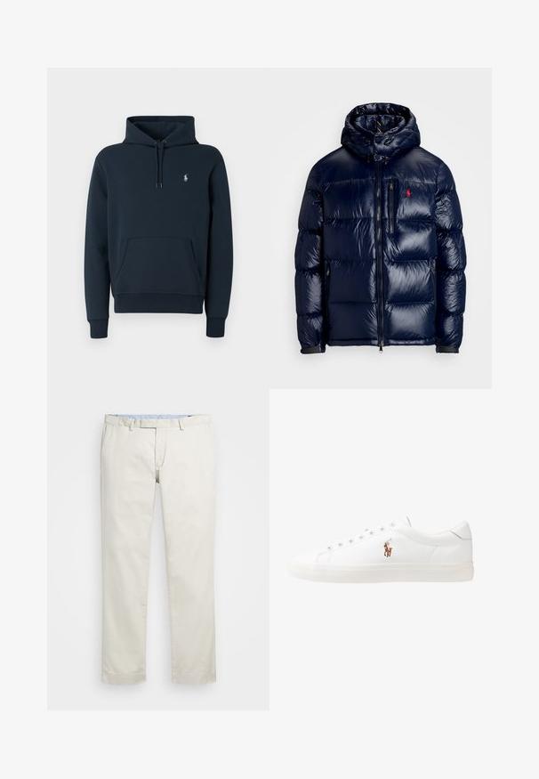 Giacca puffer blu navy con finitura lucida, dotata di cappuccio, chiusura frontale con zip e un piccolo logo sul lato sinistro del petto. Design trapuntato testurizzato.; Felpa blu navy realizzata in tessuto morbido, con tasca a marsupio e cappuccio regolabile, dotata di un piccolo logo bianco sul lato sinistro del petto.; Chino in cotone beige con fronte piatto, passanti per la cintura e tasche laterali. Design a gamba dritta con una texture liscia e una sensazione leggera e traspirante.; Sneakers in pelle bianca, design low-top, caratterizzati da una texture liscia, punta rotonda, chiusura con lacci e un piccolo logo ricamato sul lato.