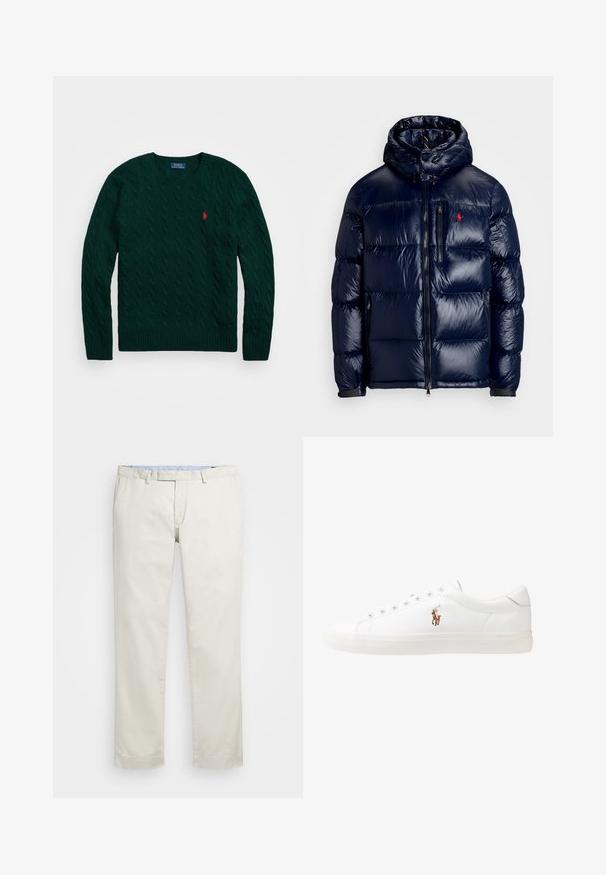Casaco puffer azul-marinho com um acabamento brilhante, apresentando um capuz, fecho frontal com zíper e um pequeno logotipo no lado esquerdo do peito. Design acolchoado texturizado.; Suéter em malha de cabos verde escuro com gola e bainha caneladas, com um pequeno logótipo vermelho no lado esquerdo do peito. Textura suave, mangas longas.; Chinos de algodão bege com frente plana, passantes para cinto e bolsos laterais. Design de perna reta com uma textura suave e uma sensação leve e respirável.; Sapatilhas de couro brancas, design de cano baixo, com textura suave, biqueira redonda, atacadores à frente e um pequeno logótipo bordado na lateral.