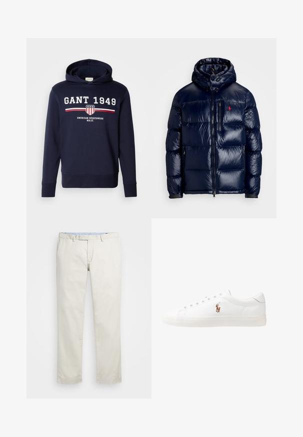 Tamsiai mėlynas pūkinis švarkas su blizgiu paviršiumi, turintis gobtuvą, užtrauktuką priekyje ir mažą logotipą ant kairės krūtinės. Raštuota siuvinėta konstrukcija.; Tamsiai mėlyna sviestinė su priekiniu grafiniu dizainu, kuriame užrašyta "GANT 1949" ir šarvo logotipas. Pagaminta iš minkštos medžiagos, turi ilgus rankovėmis ir kapucę su raišteliu.; Šviesiai rudi medvilniniai chinos tipo kelnės su plokščiu priekiniu dizainu, diržo kilpomis ir šoninėmis kišenėmis. Tiesaus kirpimo dizainas su lygiu paviršiumi ir lengvu, kvėpuojančiu jausmu.; Baltos odinės sportbačiai, žemo profilio, su lygia tekstūra, apvalia nosimi, raištelių sistema priekyje ir mažyte siuvinėta logo šone.