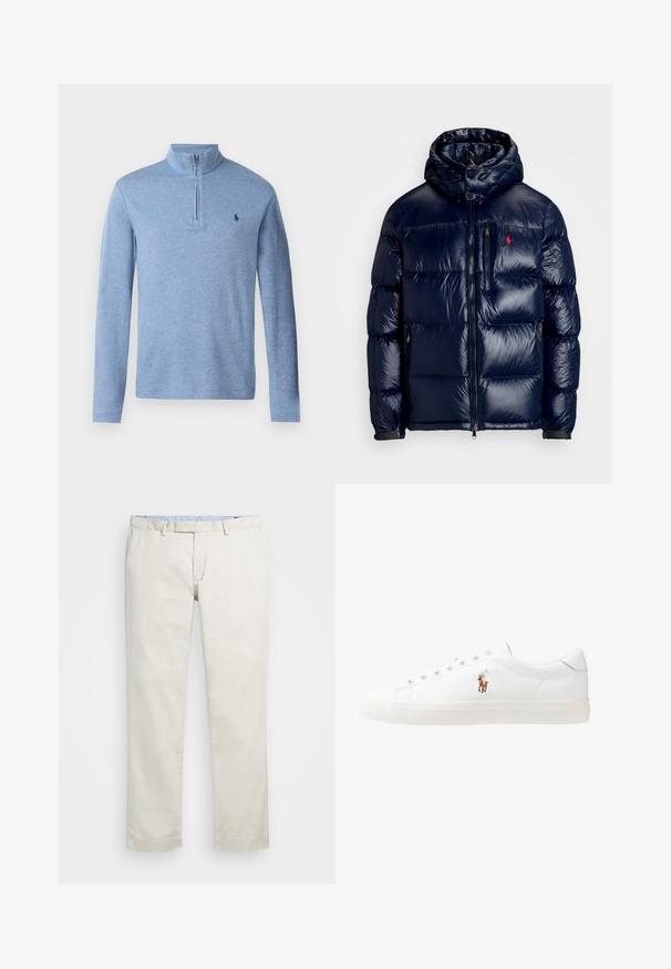 Granatowa kurtka puchowa o błyszczącym wykończeniu, z kapturem, zamkiem błyskawicznym z przodu oraz małym logo na lewej piersi. Teksturowany pikowany wzór.; Jasnoniebieski, długi rękaw, pulower z kołnierzykiem na pół-zamek, wykonany z miękkiego, fakturowanego materiału; posiada małe wyszywane logo na klatce piersiowej.; Beżowe bawełniane chinosy z płaskim przodem, szlufkami na pasek i bocznymi kieszeniami. Prosty krój z gładką fakturą i lekkim, przewiewnym uczuciem.; Białe skórzane sneakersy, niskoprofilowy design, charakteryzujące się gładką fakturą, okrągłym noskiem, sznurowanym przodem i małym haftowanym logo z boku.
