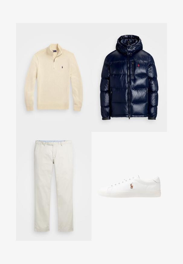 Giacca puffer blu navy con finitura lucida, dotata di cappuccio, chiusura frontale con zip e un piccolo logo sul lato sinistro del petto. Design trapuntato testurizzato.; Pullover di maglia color crema con zip a un quarto di lunghezza, polsini e orlo a costine, e un piccolo logo ricamato sul lato sinistro del petto.; Chino in cotone beige con fronte piatto, passanti per la cintura e tasche laterali. Design a gamba dritta con una texture liscia e una sensazione leggera e traspirante.; Sneakers in pelle bianca, design low-top, caratterizzati da una texture liscia, punta rotonda, chiusura con lacci e un piccolo logo ricamato sul lato.