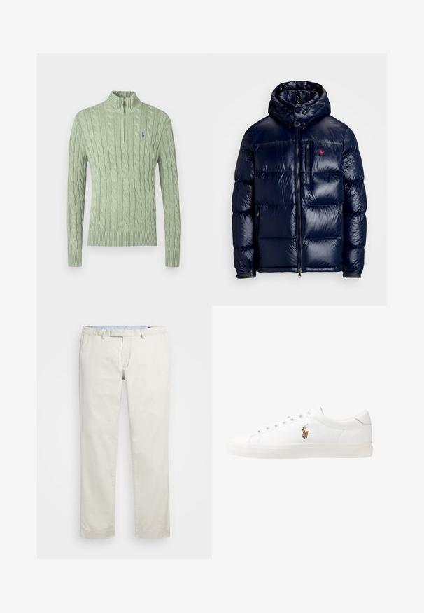 Navy blue puffer jacket with a shiny finish, featuring a hood, zippered front, and a small logo on the left chest. Textured quilted design.; Light green cable-knit sweater with a zippered collar, ribbed cuffs, and hem. Features a small logo in navy on the chest.; Beige cotton chinos with a flat front, belt loops, and side pockets. Straight-leg design with a smooth texture and a light, breathable feel.; White leather sneakers, low-top design, featuring a smooth texture, round toe, laced front, and a small embroidered logo on the side.