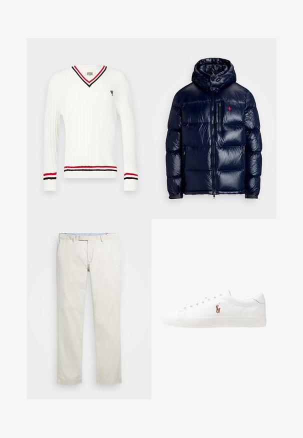 Mörkblå puffjacka med en skinande yta, utrustad med huva, dragkedja fram och en liten logotyp på vänster bröst. Texturerad kviltad design.; Vit kabelstickad tröja med V-ringning, med svarta och röda ränder på kragen och muddar, samt en liten broderad grafik.; Beige bomullskinos med rak framdel, bältesöglor och sidofickor. Rakt ben med en slät textur och en lätt, andningsbar känsla.; Vita lädersneakers, låg design, med en slät yta, rund tå, snörning fram och en liten broderad logotyp på sidan.