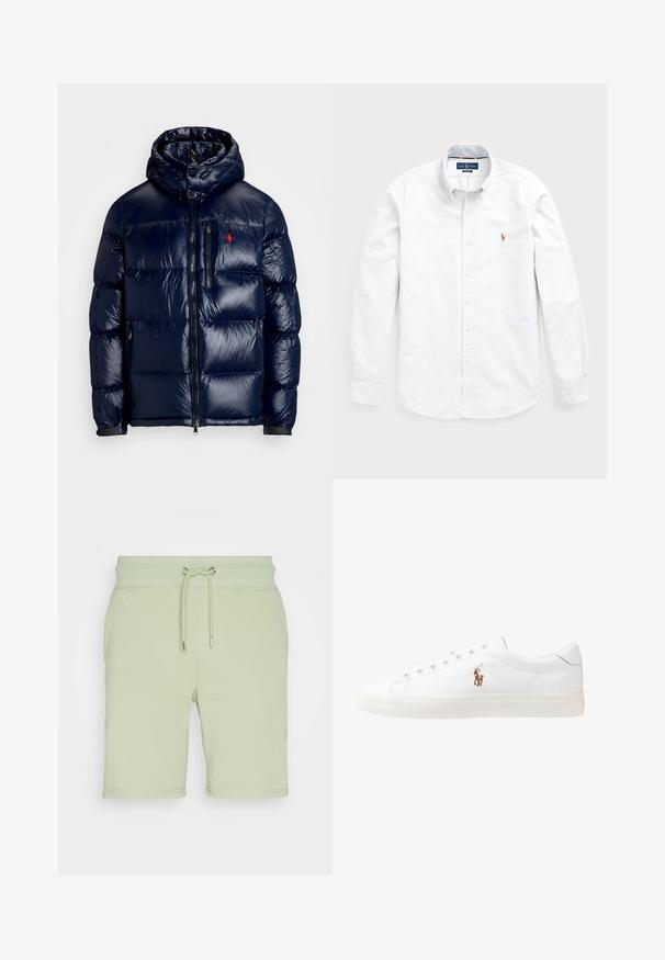 Marineblaue Steppjacke mit glänzender Oberfläche, ausgestattet mit Kapuze, Reißverschluss vorne und kleinem Logo auf der linken Brust. Strukturierter Steppdesign.; Weißes Langarm-Hemd aus Baumwolle mit Knopfleiste. Verfügt über einen klassischen Kragen, Knopfverschluss und ein kleines gesticktes Logo auf der Brust.; GANT REG SHIELD - Jogginghose - milky matcha; Weiße Leder-Sneaker, niedrig geschnitten, mit glatter Textur, runder Zehenpartie, Schnür vorne und kleinem gesticktem Logo an der Seite.