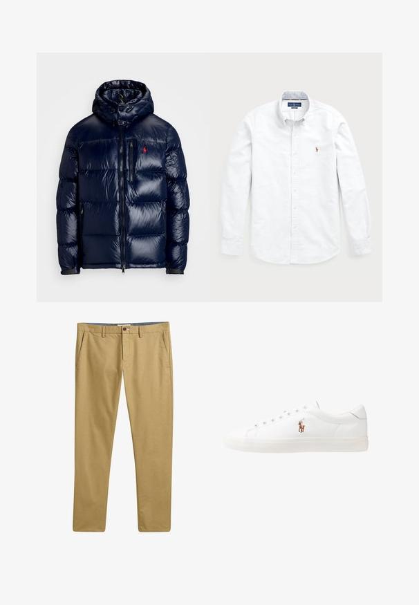 Veste matelassée bleu marine avec une finition brillante, dotée d'une capuche, d'une fermeture éclair à l'avant et d'un petit logo sur la poitrine gauche. Design matelassé texturé.; Chemise blanche à manches longues, boutonnée, en coton. Elle se distingue par un col évasé, une fermeture à boutons et un petit logo brodé sur la poitrine.; Chinos khaki avec une texture de tissu lisse, un design à jambes droites, des poches avant et une fermeture à bouton. Taille structurée avec passants de ceinture.; Baskets en cuir blanc, design bas, avec une texture lisse, bout rond, lacets à l'avant et un petit logo brodé sur le côté.