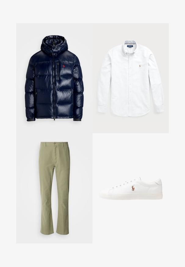 Marineblå pufferjakke med en shiny finish, der har hætte, lynlås foran og et lille logo på venstre bryst. Tekstureret quiltet design.; Hvid langærmet skjorte med knaplukning lavet af bomuld. Har en spredt krave, knaplukning og et lille broderet logo på brystet.; Lys grønne bomuldsbukser med lige ben-design, der har en frontknaplukning og en subtil tekstur. Ingen synlige mønstre eller dekorationer.; Hvide lædersneakers, lavtop design, med en glat tekstur, rund tå, snørret front og et lille broderet logo på siden.